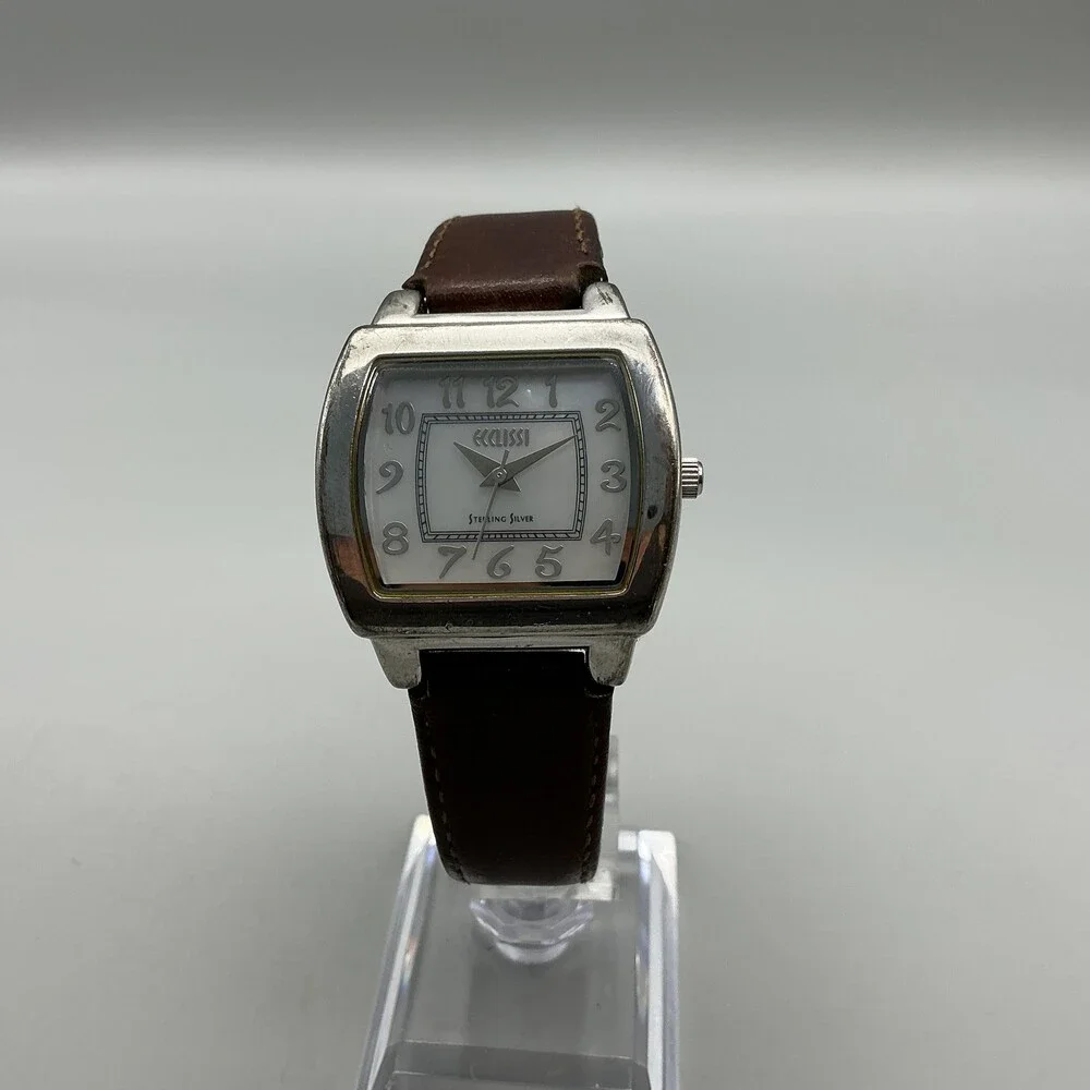 Ecclissi Womens Watch 31mm MOP Sterling Silver 22590 Brown Leather New Battery